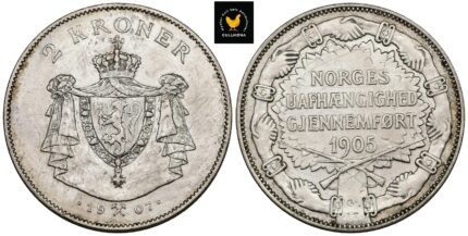 1907 Norge 2 Kroner m/Gevær, 1+, renset, riper
