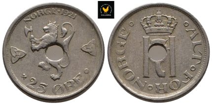 1921 Norge 25 Øre Med Hull