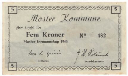 1940 Nrge Nødseddel Moster Kommune 5 Kroner