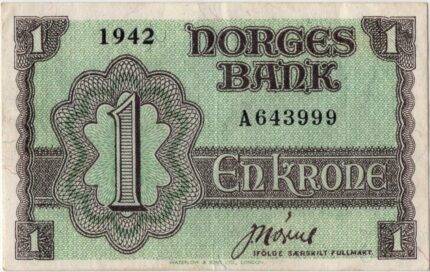 1942 Norge 1 Krone "London Seddel" A.643999, 1+/01
