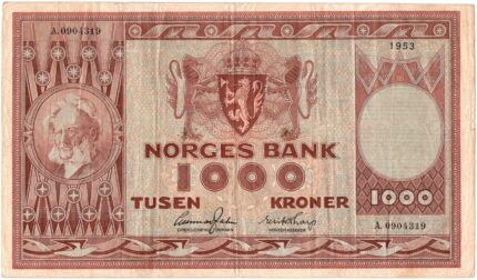 1953 Norge 1000 Kroner A.0904319, 1- Flekker