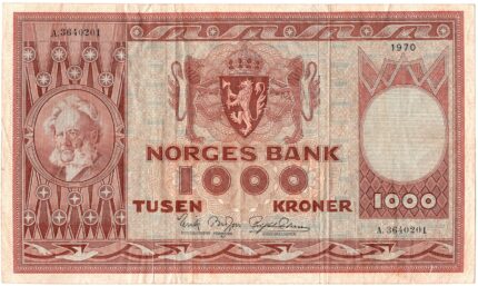 1970 Norge 1000 Kroner A.3640201, 1/1- 20mm rift og 10mm rift