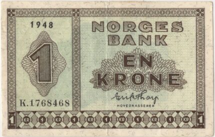 1948 Norge 1 Kroner K.1768468, 1+, liten rift