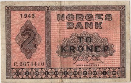 1943 Norge 2 Kroner D.2674410, 1, liten rift