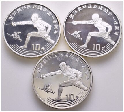 1993 Kina 10 Yuan. 3 stk, Fencing, anløpt. Totalt 90 gram .900 Sølv