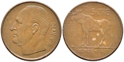 Prøvemynt, 1959 Norge 5 Øre, 1, kanthakk, flekker