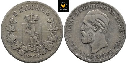 1887 Norge 2 Kroner, 1, Kant Hakk, Riper
