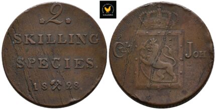 1828 Norge 2 Skilling, 1+, BL. Sprekker