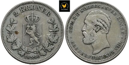 1890 Norge 2 Kroner, 1, Kant Skade