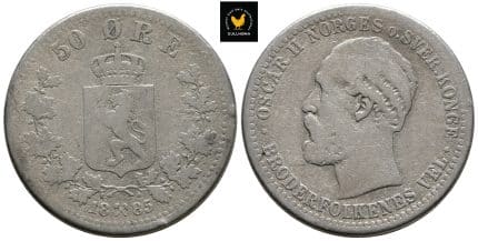 1885 Norge 50 Øre, 1-, Kant Hakk