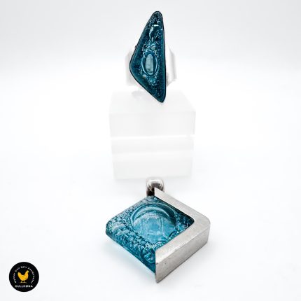 Fused glass Mexico blå glass sten ring anheng sett sølv 1